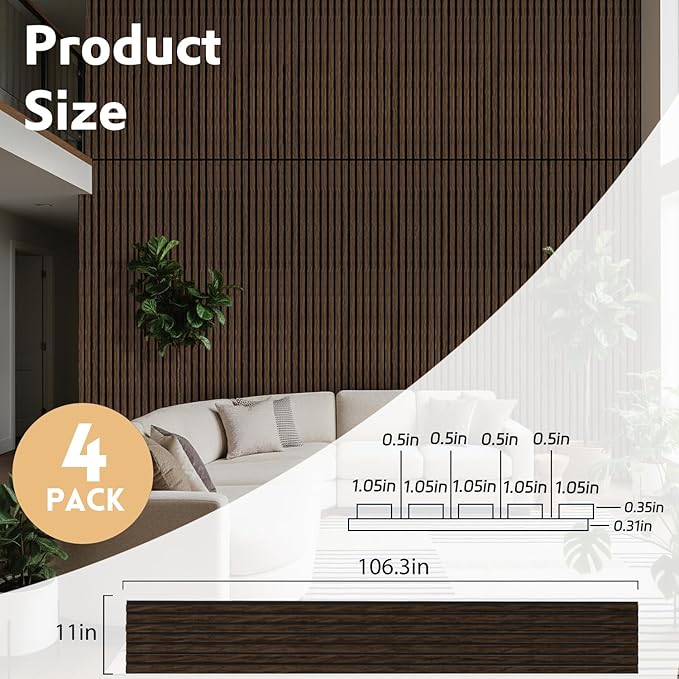 4 Pack Wood Panels for Wall, 106.3" × 11" Wood Slat Acoustic Panels for Wall