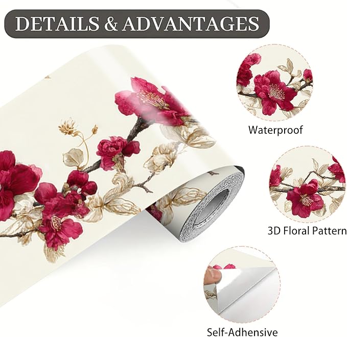 Cherry Blossom Wallpaper Border 196x4 Inch Red Flower Peel and Stick Wall