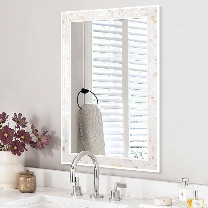 Mosaic Bathroom Mirrors for Wall 24x36 Inch, Natural Mother of Pearl Inlay