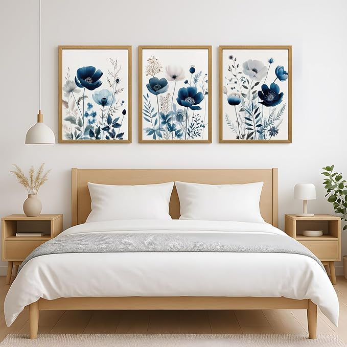 LLEEMPI Navy Blue Floral Wall Art Set of 3, Modern Wildflower Wall Decor