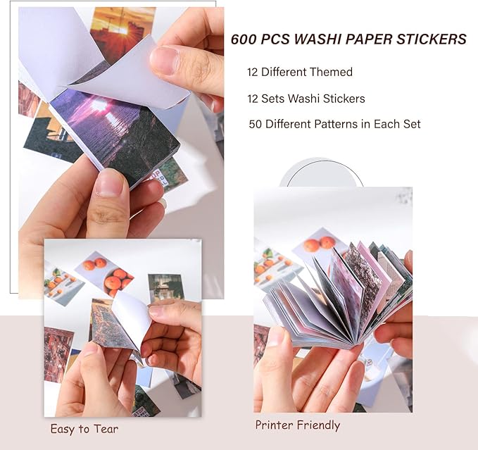 12 Sets 600 Sheets Washi Stickers for Journaling, Daily Quote Flower Nature Travel Stickers Vintage Aesthetic Scrapbook Sticker Set for Bullet Journal Art Diary Card Craft Gifts Planner Notebook