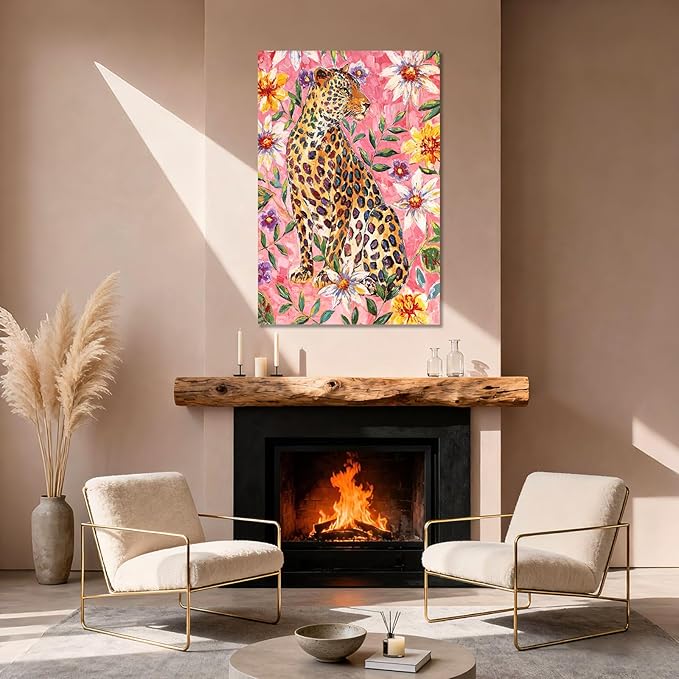 YETHEN WAL Pink Jungle Leopard Wall Art Floral Animal Canvas Prints Tropical Artwork for Bedroom Living Room Office Decor 32x48 Inch