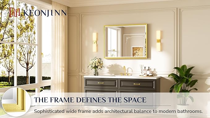 Keonjinn Gold Bathroom Mirror 40" x 30", Tempered Glass