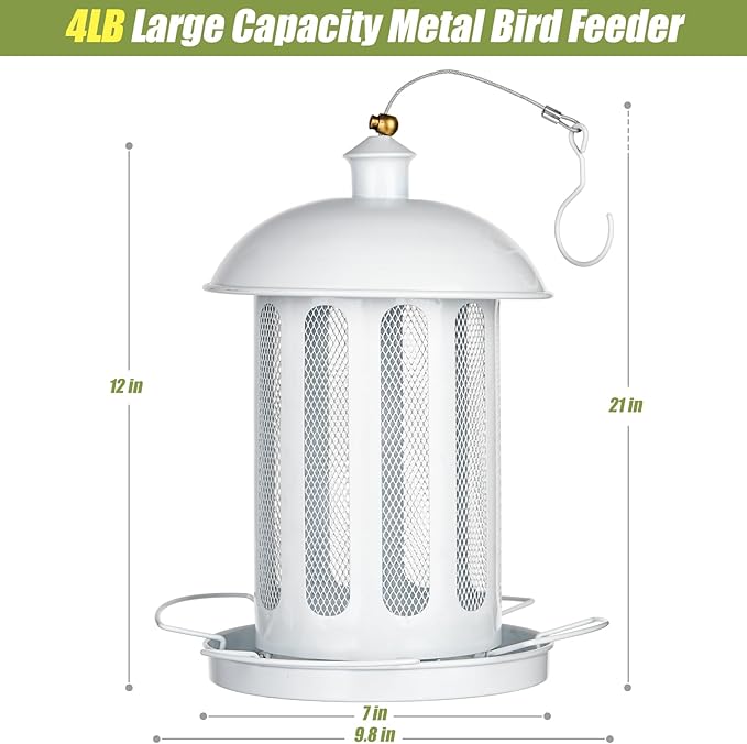 Bird Feeder, Large Capacity Bird Feeders for Outdoor Hanging, Heavy Duty Metal Wild Birdfeeder for Outside Garden Yard Decor, Retro Lantern Shape (White)