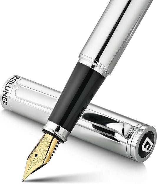 BEILUNER Silver Fountain Pen,Stunning Luxury Pens with Bright Silver Chrome, Gorgeous 24K Gilded Nib(Medium), Fancy Pen Gift for Men&Women -Ink Converter-Elegant, Office,Nice Pen for Writing