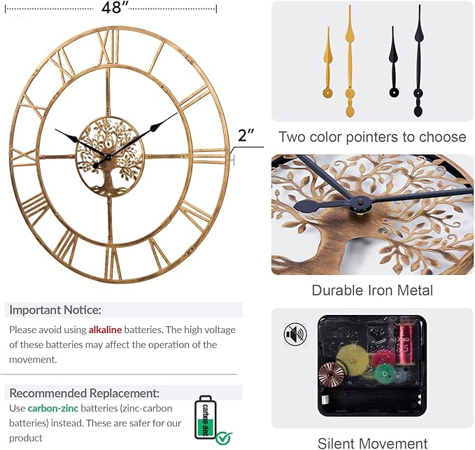 48 Inch Large Wall Clock for Living Room – Bronze Metal Clock