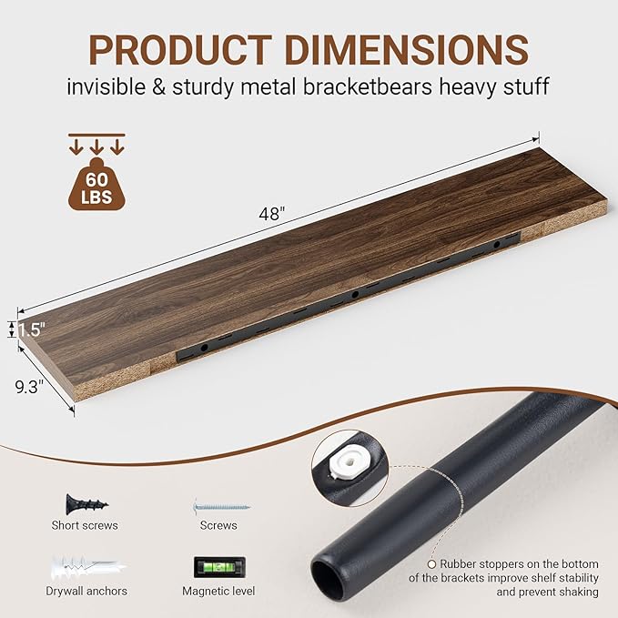 Heimlove Floating Shelves for Wall 48 Inches Long, 9.3" Deep Walnut Floating
