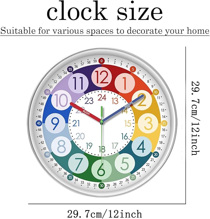 XFM Learning Clock for Kids 12 Inch Colorful Teaching Time Wall Clocks Battery