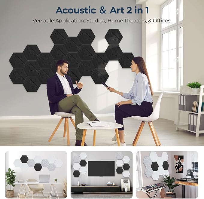 12 Pack Hexagon Acoustic Panels, Self-Adhesive Acoustic Wall Panels