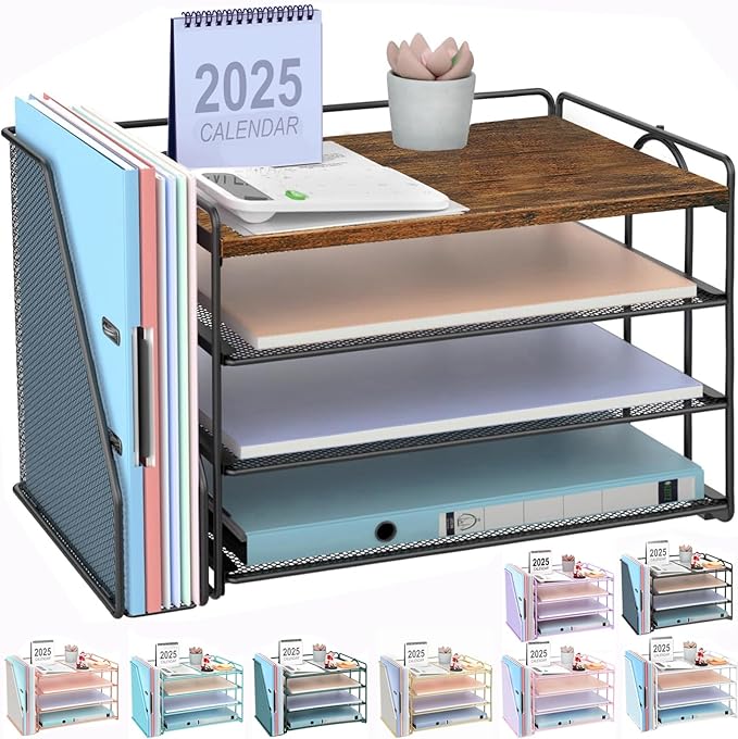 gianotter 4-Tier Paper Organizer With Magazine Holder, Desk Organizers and Accessories, Desk Accessories & Workspace Organizers, File Organizer for Office Supplies Storag (Wood, 4-Tier)