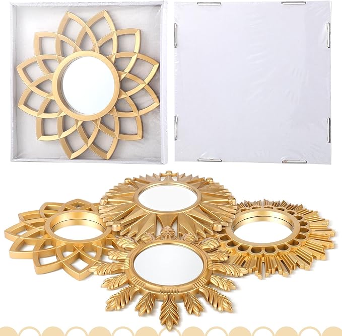 Dandat Set of 4 Gold Mirrors for Wall Decor Small Circle Flowers Mirrors
