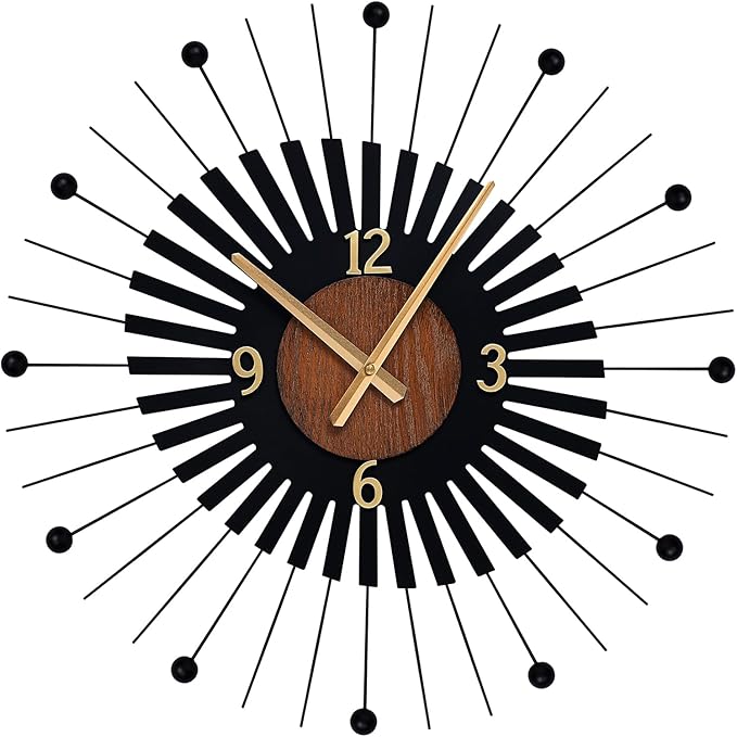 22 Inch Modern Sunburst Wall Clock Battery Operated, Silent Quartz Movement