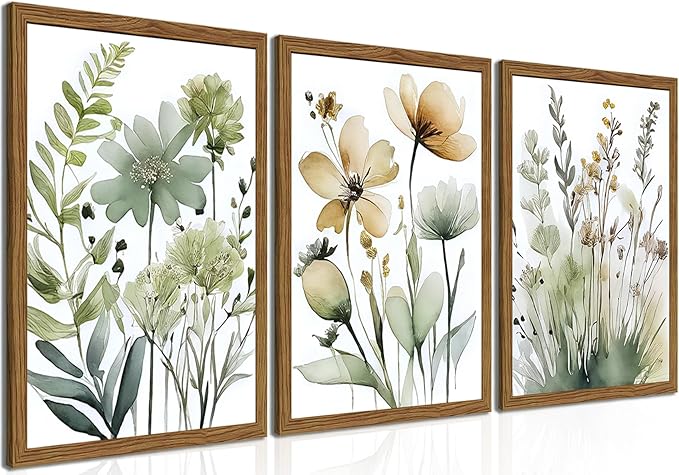 Wood Framed Sage Green Botanical Wall Art Set of 3, Boho Floral Canvas Wall
