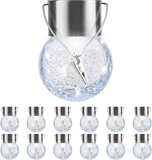 PARTPHONER 12 Pack Hanging Solar Lights Outdoor, Waterproof Solar Globe Lantern with Handle and Clip, Decorative Cracked Glass Ball Lights for Christmas Decor, Tree, Yard, Garden, Patio (Cold White)