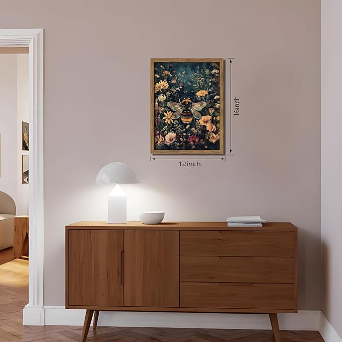 Vintage Framed Wall Art Bee Canvas Prints, Dark College Animals Flowers Wall