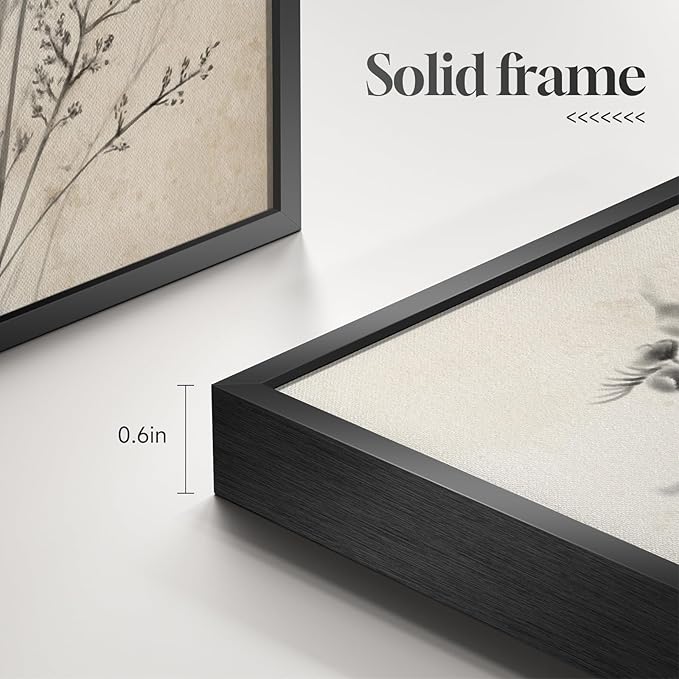 Framed Boho Vintage Botanical Wall Art, 4 Piece Black and White Floral Canvas