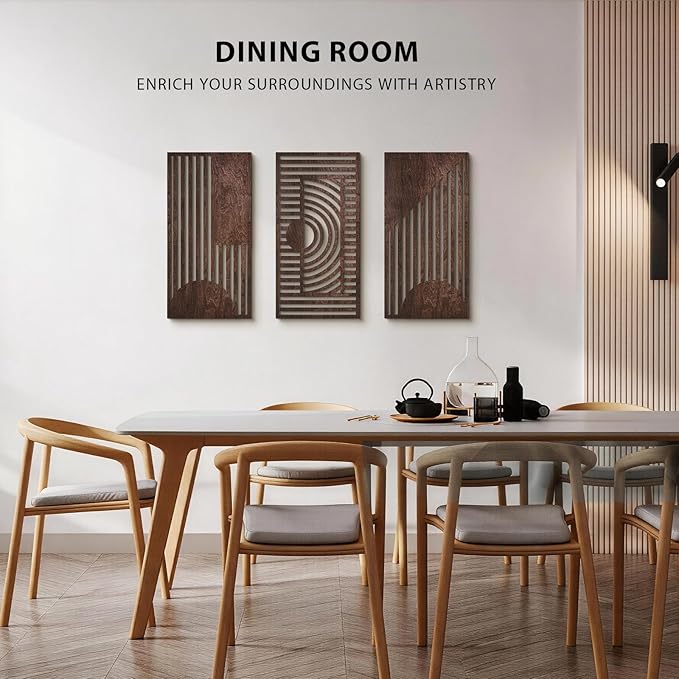 VIYYIEA Boho Solid Wood Carved Wall Art Set of 3, Geometric Minimalist Wooden