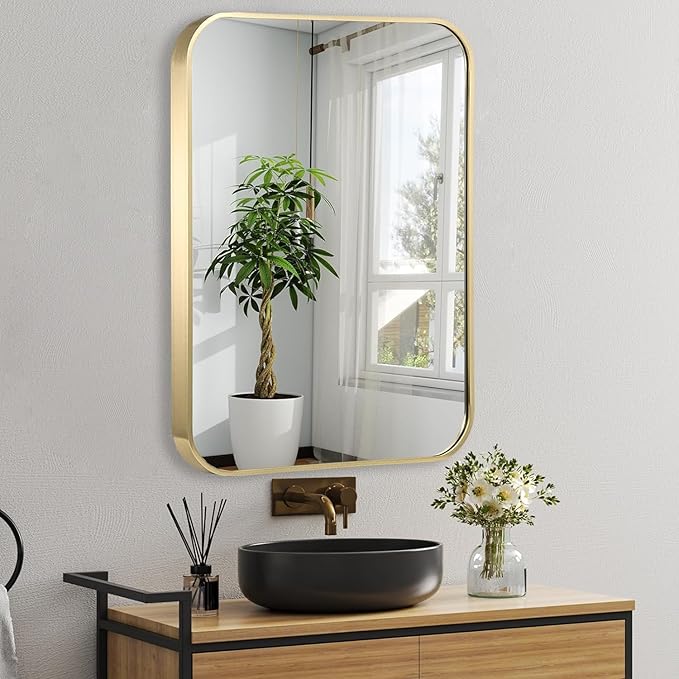 30x36 Inch Gold Bathroom Mirror, Brushed Gold Metal Framed Rectangular Mirror