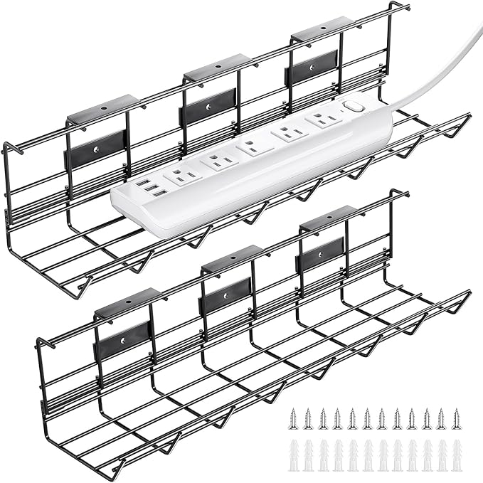 2 Pack DELAMU Under Desk Cable Management Tray, Metal Cord Cable Organizer for Desk, Easy Install Pre-drilled Wire Management Wire Organizer for Office & Home