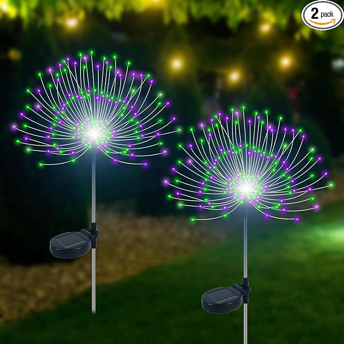 Slyuexu Solar Garden Lights Outdoor Waterproof, 2 Pack 120 LED Solar Firework Lights Decorative Garden DÃ©cor Outside for Flowerbed Pathway Party Halloween Christmas Decorations, Green + Purple