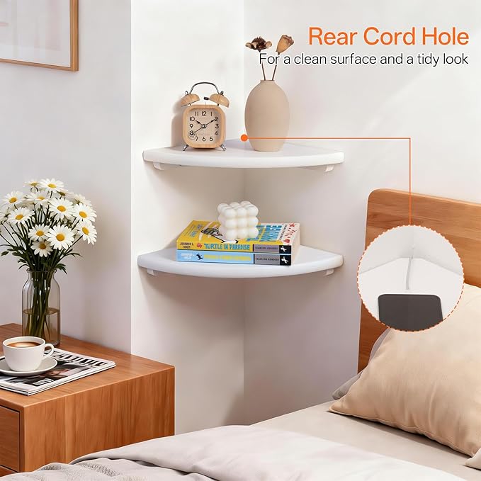 Gieanoo Floating Corner Shelves Set 2 10inch White Solid Oak Rounded Corner