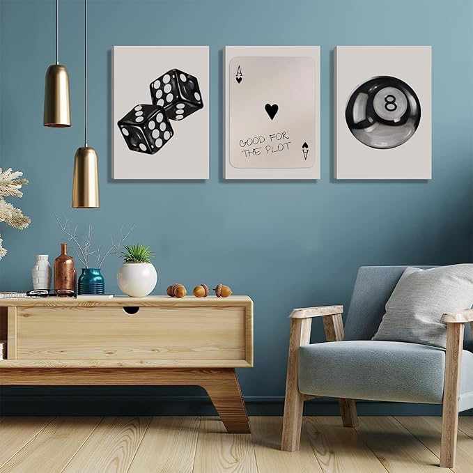 BOKPEN 3Pcs Black and White Poker Dice Canvas Wall Art Funky Retro Y2K Trendy