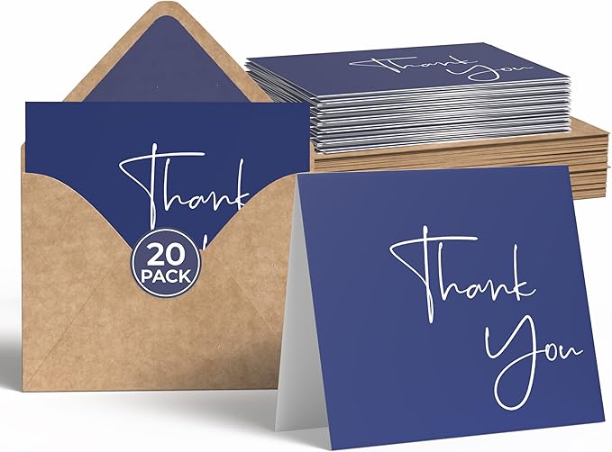 VNS Creations 20 Pack Thank You Cards With Envelopes, Stickers, 4x6 Inch Blank Thank You Notes - Bulk Box Set Large Notes for Graduation, Wedding, Small Business, Baby & Bridal Shower - Navy Blue