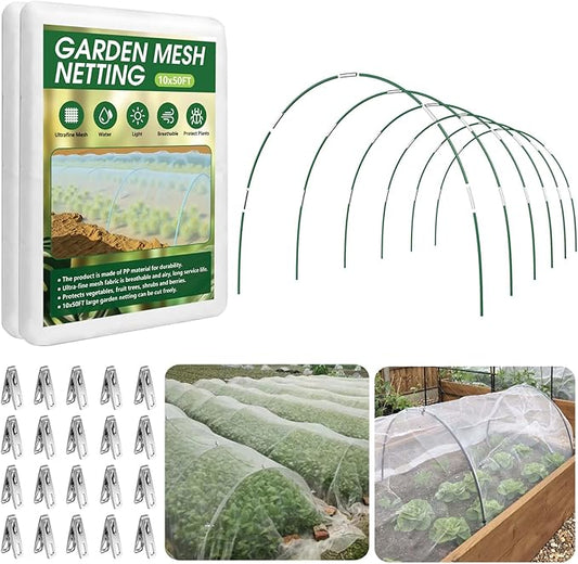 Garden Netting Kit for Raised Beds, 10x50FT Ultra Fine Mesh Nettingï¼ 6 Sets of 8FT Fiberglass Garden Hoops, Row Cover Insect Netting for Vegetable Plant Fruit Flowers Protection