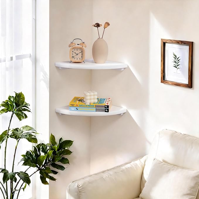 Gieanoo Floating Corner Shelves Set 2 10inch White Solid Oak Rounded Corner