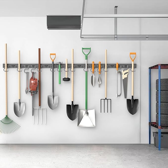 TORACK Plastic Wall Mounted Mop and Broom Holder, Garden Tools Organizer for Garage Wall, Yard Tool Storage Rack for Rakes, Shovels, Mops, Brooms (4 Tracks, 16 Hooks)