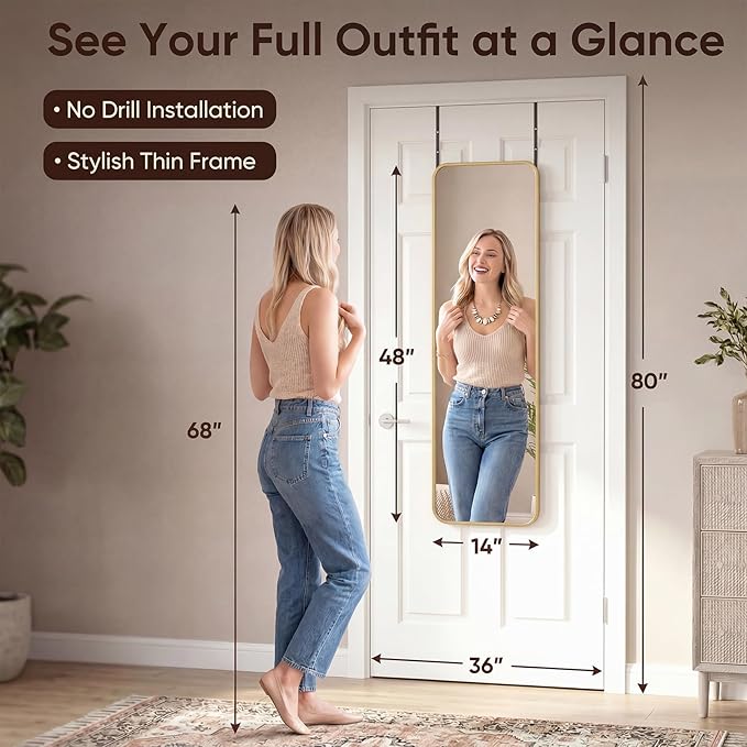 Antok 48"x14" Over the Door Mirror, Full Length Mirror Door Hanging