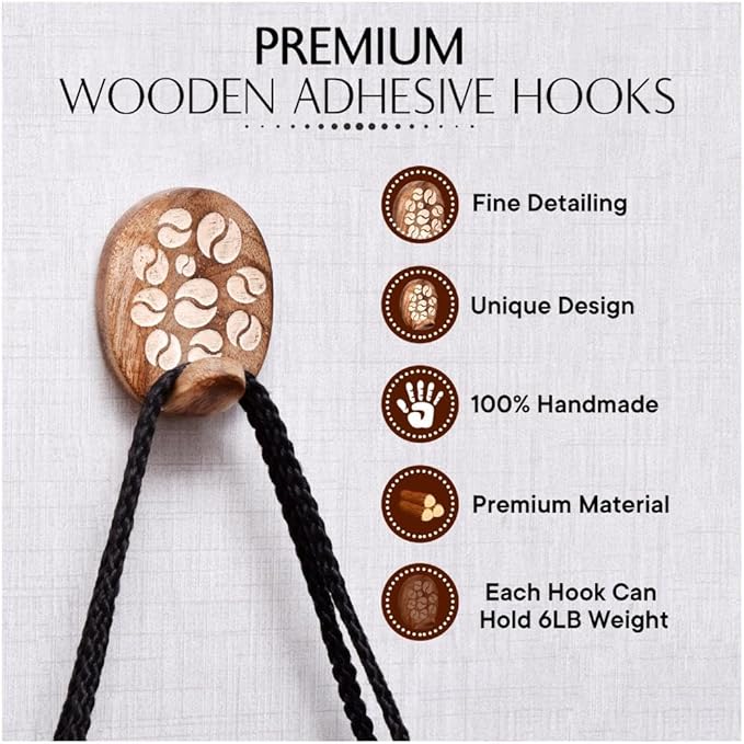 IndianShelf 6 Lb- 24 Pieces Decorative Wood Adhesive Wall Hooks–Boho Peel and