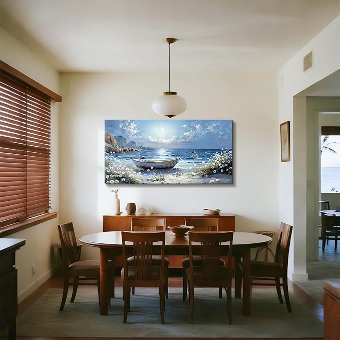 SERIMINO Beach Wall Art, Oversized Wall Art, Coastal Wall Decor, Beachy Boat Rustic Pictures Prints, Blue Seascape Paintings for Living Room Bedroom Dining Room Office Farmhouse Hotel 29"x57"