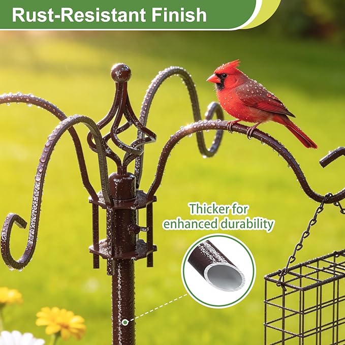83" Bird Feeding Station Kit with Multiple Hooks, Heavy Duty Metal Bird Feeding Station with Seed Tray & Mesh Basket, Easy Assembly Ground Mounted Bird Feeder Pole for Garden Yard Outdoor