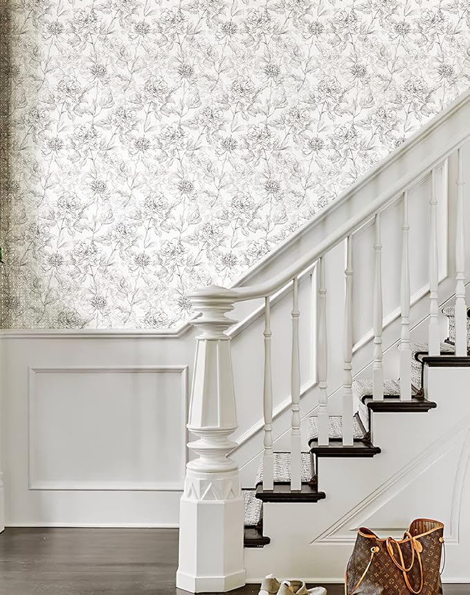 JiffDiff Black and White Floral Wallpaper Peonies Removable Peel and Stick