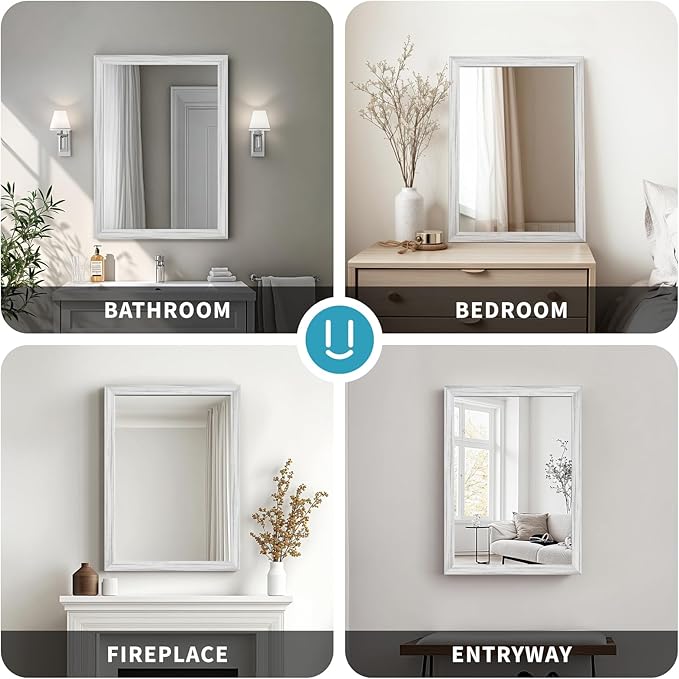 White Wood Effect Framed Wall Mirror, 24x36 Rectangle Mirror, Anti-desilvering