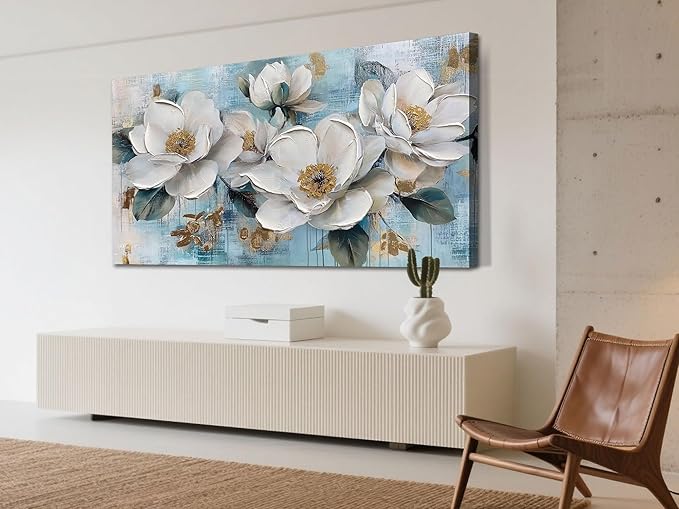 Ardemy Flower Wall Art for Living Room White Floral Canvas Art Wall Decor