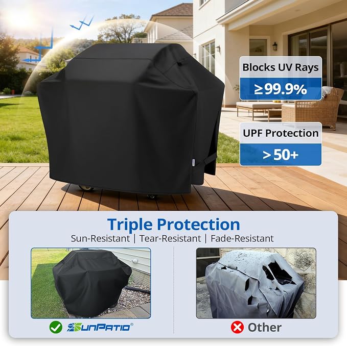 SunPatio BBQ Grill Cover 70 Inch, Outdoor Heavy Duty Waterproof Barbecue Gas Grill Cover, Fade Resistant, All Weather Protection Compatible for Weber Charbroil Kenmore Brinkmann and More, Black