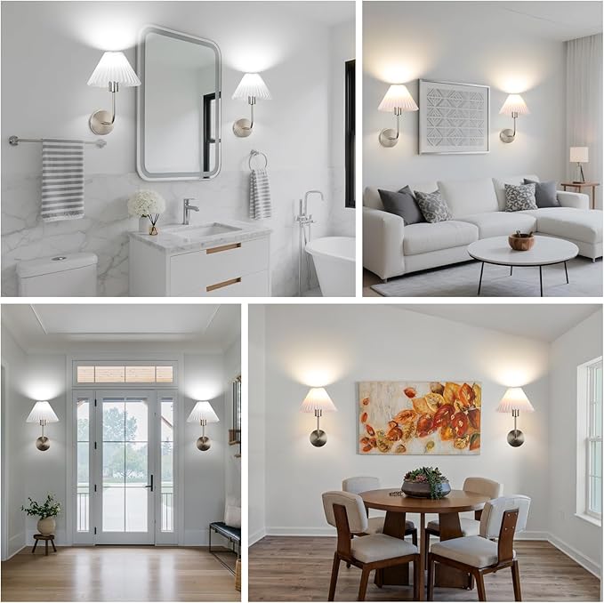 Wireless Wall Sconce Sets of 2, Pleated Shades Rechargeable Battery Operated