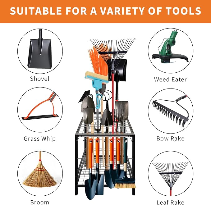 Garden Tool Organizer, Yard Tool Organizer, Metal Yard Tools Storage, Heavy Duty Garden Tool Organizer for Garage, Partitioned Tool Organizer and Storage for Shed, Garage, Tool Stand, Outdoor