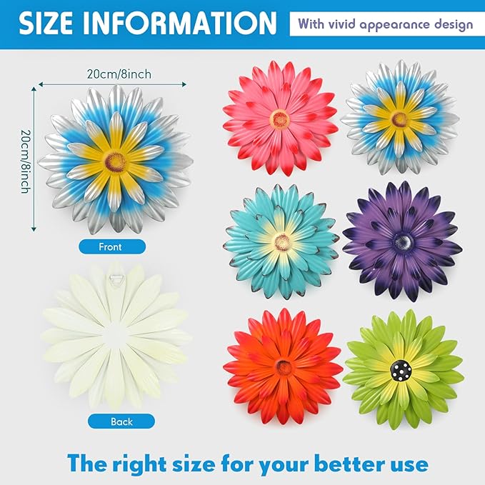 Zhehao 6 Pcs Metal Flower Wall Art Decor 10 Inch Sunflower Wall Decorations Hanging Outdoor Art Multicolored Handmade Metal Flowers Outdoor Decor (Vivid Color)
