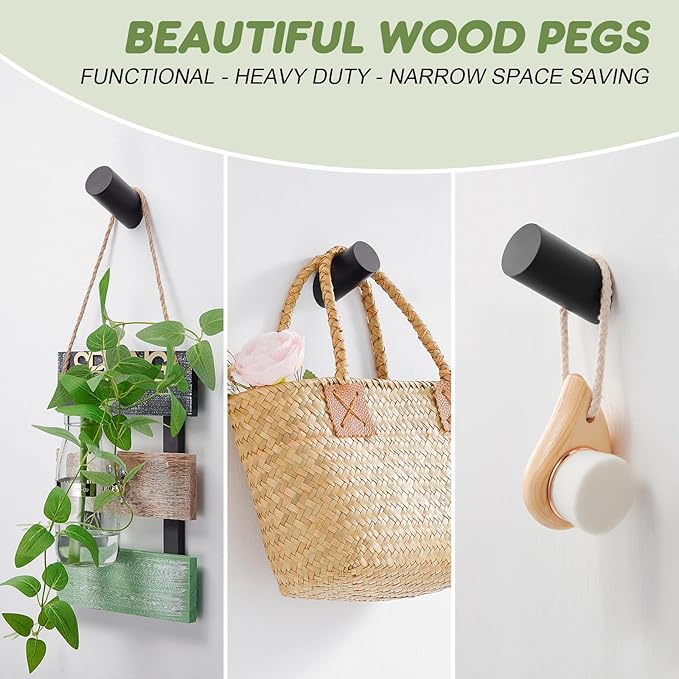 Felidio Wood Wall Hooks, 4 Pack Coat Hooks Wall Mounted, Rustic Wooden Heavy
