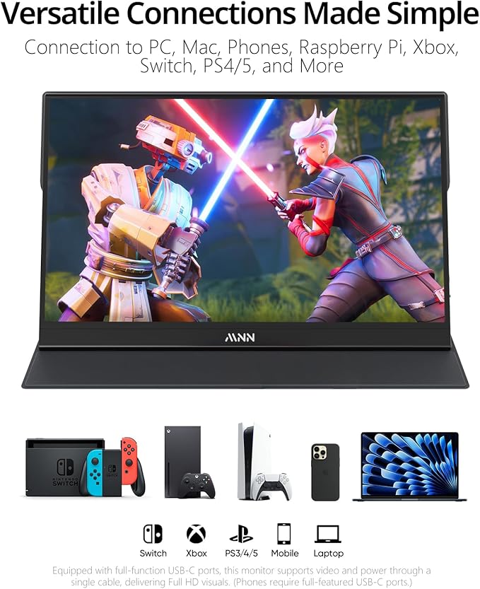 MNN Portable Monitor 15.6inch FHD 1080P USB C HDMI Gaming Ultra-Slim IPS Display w/Smart Cover & Speakers,HDR Plug&Play, External Monitor for Laptop PC Phone Mac (15.6'' 1080P)