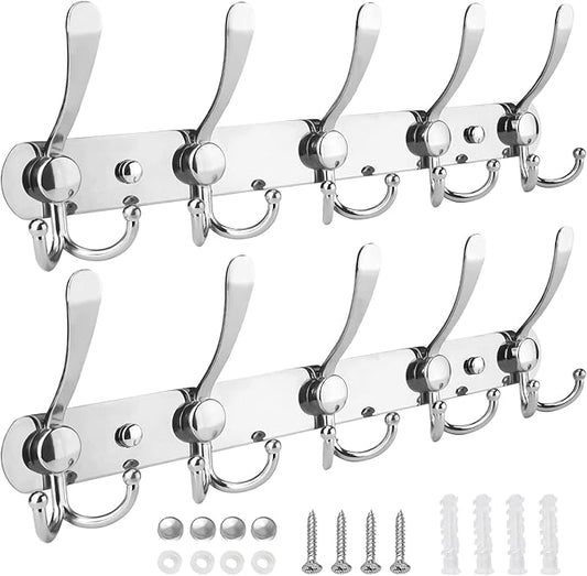 TICONN Wall Mounted Coat Rack, Five Heavy Duty Tri Hooks All Metal Construction