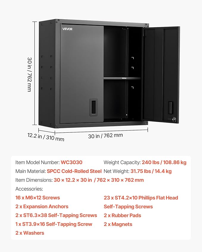 VEVOR Metal Wall Cabinet, 30W x 12.2D x 30H Inch, Steel Floating Hanging