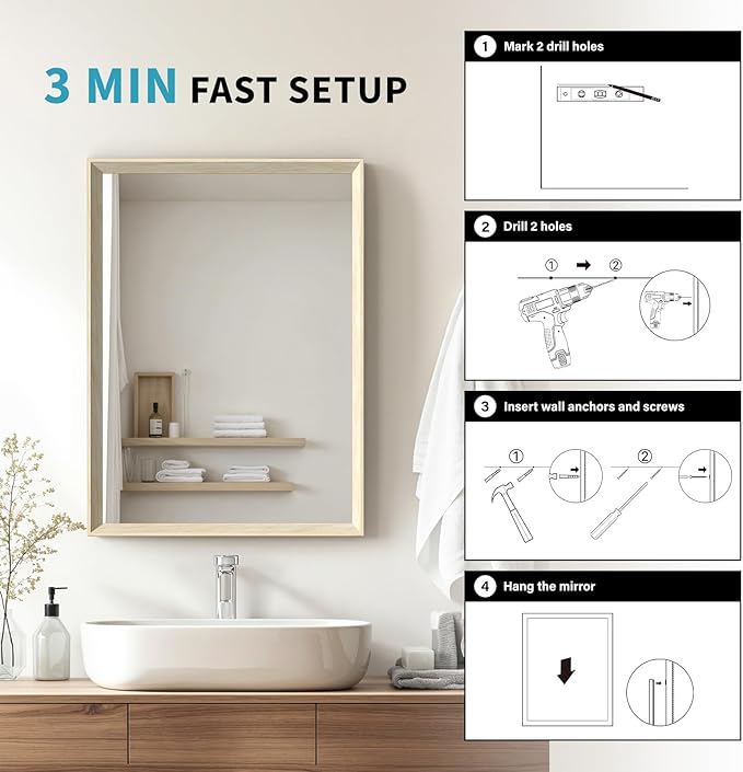 Oak Wood Effect Framed Wall Mirror, 32x40 Rectangle Mirror, Anti-desilvering