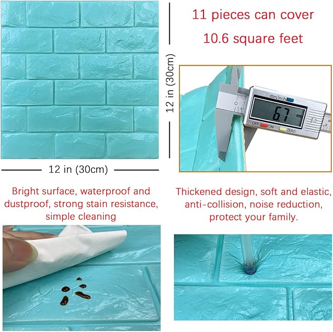 11PCS 3D Wall Panels Peel and Stick Faux Brick Wallpaper Blue Self Adhesive