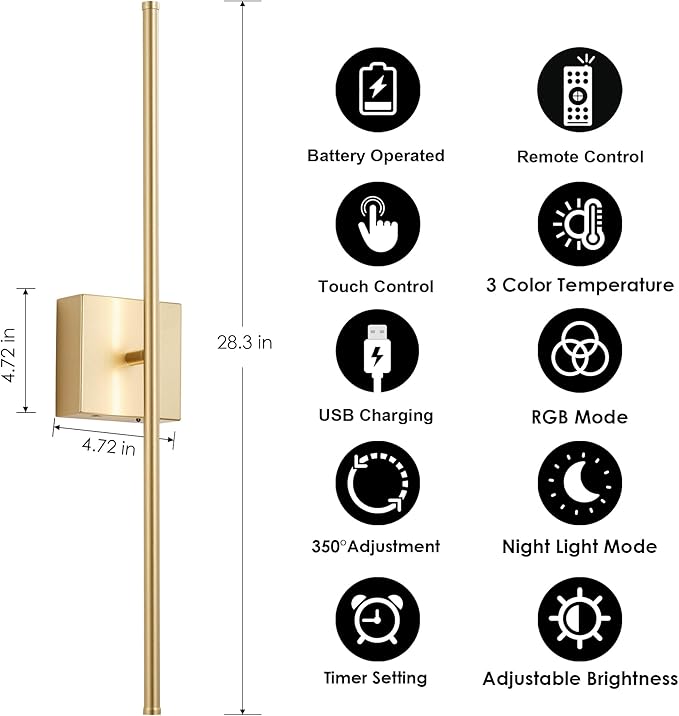 KARTOOSH 28.3 Inch 9 RGB Color Battery Operated Wireless Wall Sconces Set of Two