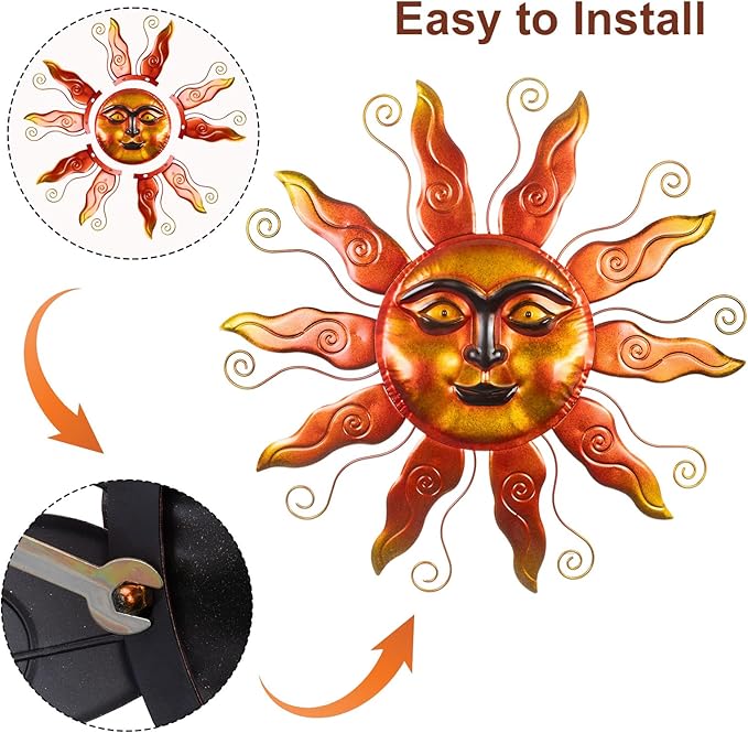 Outdoor Metal Wall Art Metal Sun Wall Art Decor 26 inch Large Outdoor Wall Art Hanging Decoration for Graden 3D Sun Face for Living Room Garden Yard Patio(Thread)