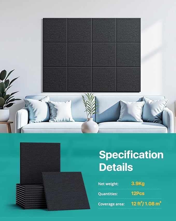 Soundsbay Mass Loaded Vinyl, Soundproof Wall Panels Self-Adhesive, 12 Pack
